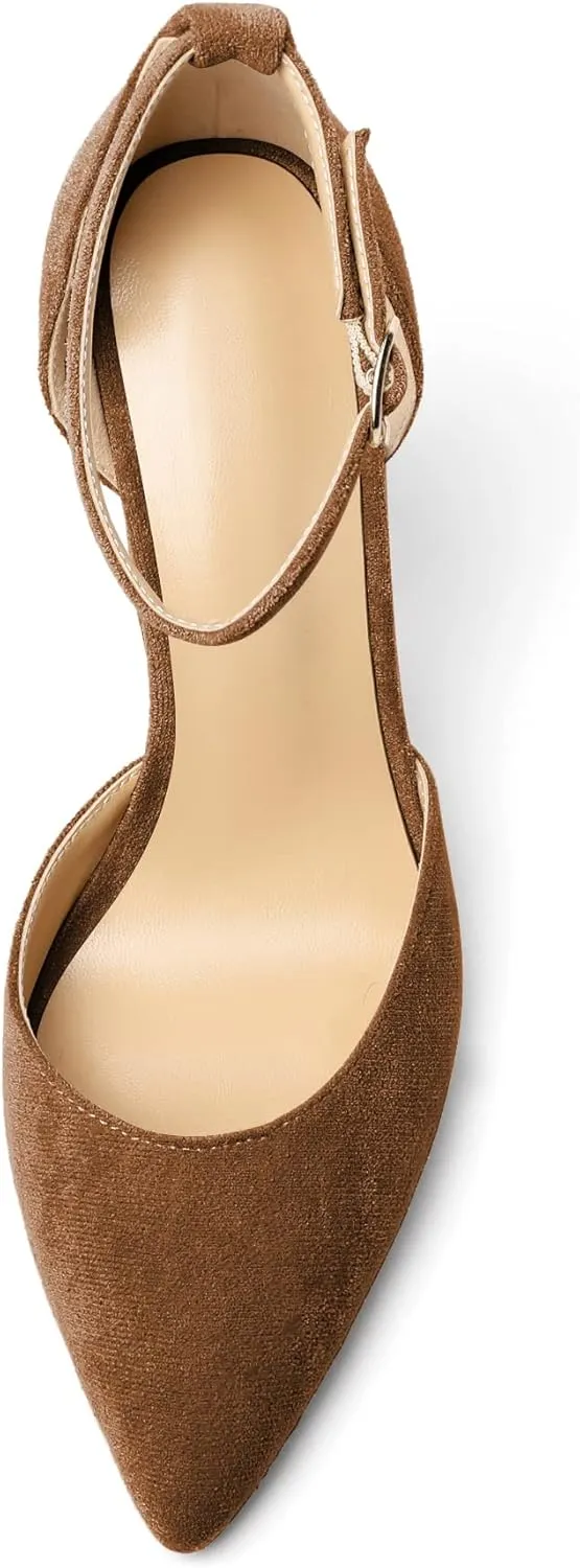 SAMMITOP Women's Chunky Block High Heels Strappy Closed Toe Ankle Strap Classic Pointed Toe D'Orsay Heel Dress Wedding Party Suede Heels Pumps Shoes