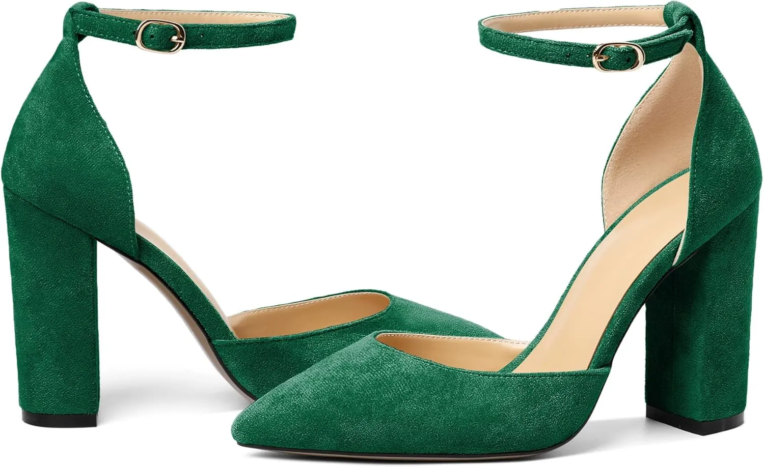 SAMMITOP Women's Chunky Block High Heels Strappy Closed Toe Ankle Strap Classic Pointed Toe D'Orsay Heel Dress Wedding Party Suede Heels Pumps Shoes