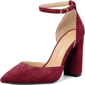 SAMMITOP Women's Chunky Block High Heels Strappy Closed Toe Ankle Strap Classic Pointed Toe D'Orsay Heel Dress Wedding Party Suede Heels Pumps Shoes