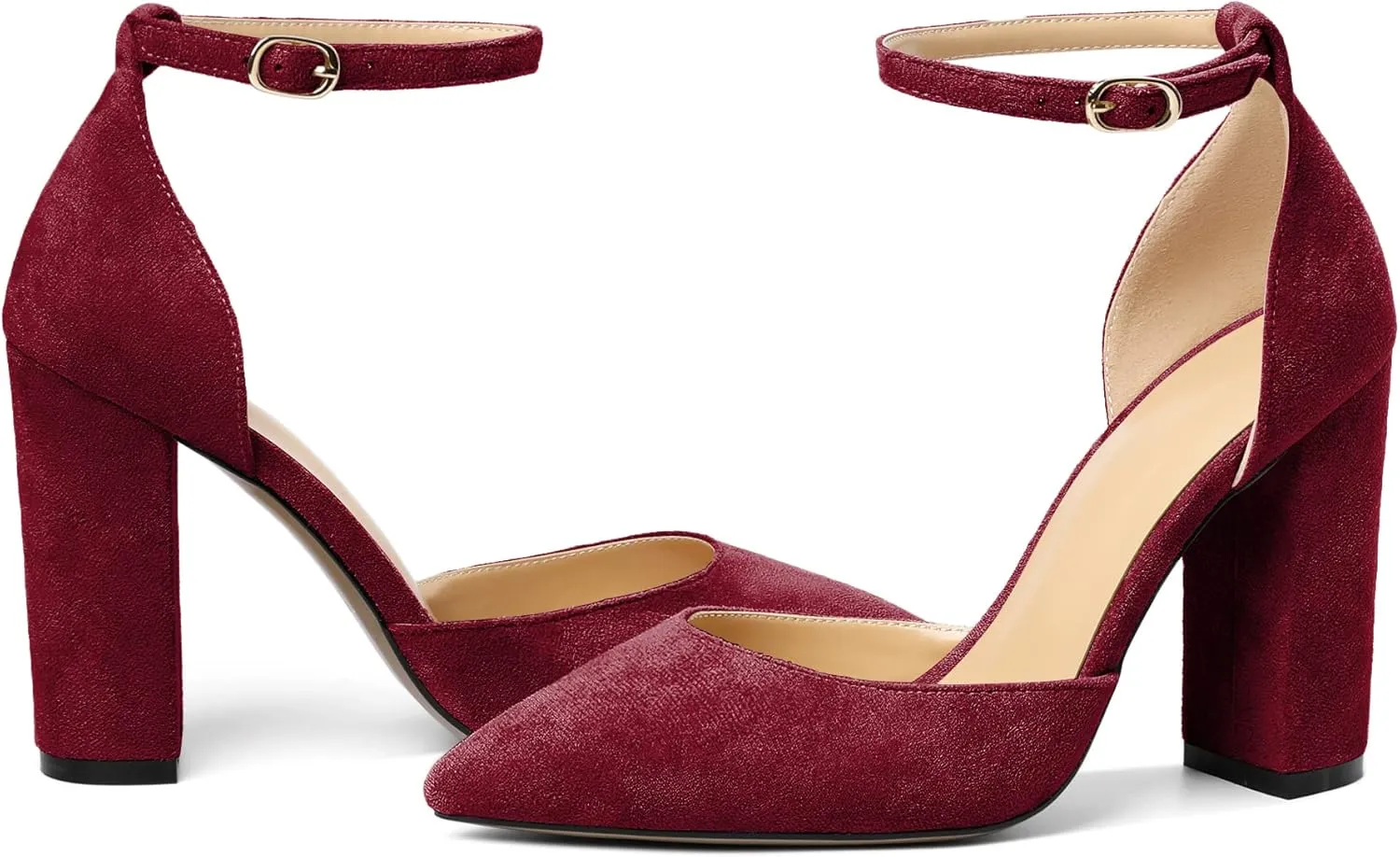 SAMMITOP Women's Chunky Block High Heels Strappy Closed Toe Ankle Strap Classic Pointed Toe D'Orsay Heel Dress Wedding Party Suede Heels Pumps Shoes