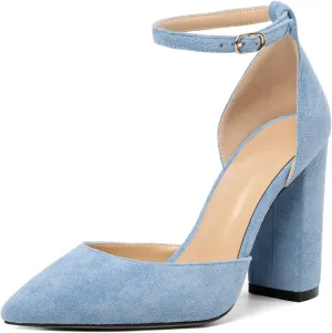 SAMMITOP Women's Chunky Block High Heels Strappy Closed Toe Ankle Strap Classic Pointed Toe D'Orsay Heel Dress Wedding Party Suede Heels Pumps Shoes