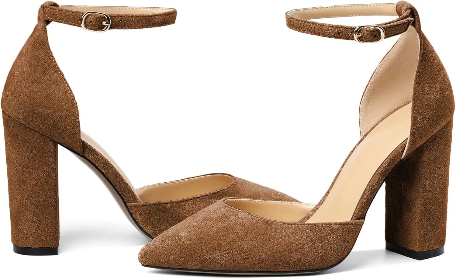 SAMMITOP Women's Chunky Block High Heels Strappy Closed Toe Ankle Strap Classic Pointed Toe D'Orsay Heel Dress Wedding Party Suede Heels Pumps Shoes
