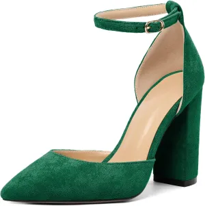 SAMMITOP Women's Chunky Block High Heels Strappy Closed Toe Ankle Strap Classic Pointed Toe D'Orsay Heel Dress Wedding Party Suede Heels Pumps Shoes
