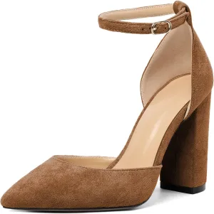SAMMITOP Women's Chunky Block High Heels Strappy Closed Toe Ankle Strap Classic Pointed Toe D'Orsay Heel Dress Wedding Party Suede Heels Pumps Shoes