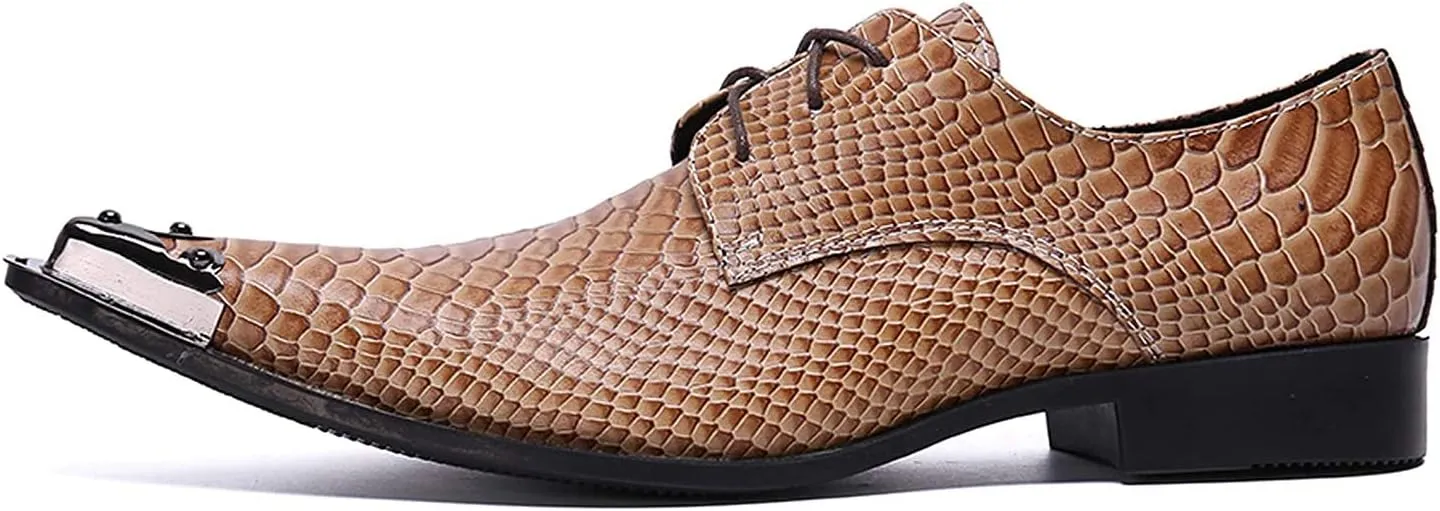 Santimon Mens Western Pointed Toe Leather Lace Up Dress Shoes Fashion Metal Tip Oxford