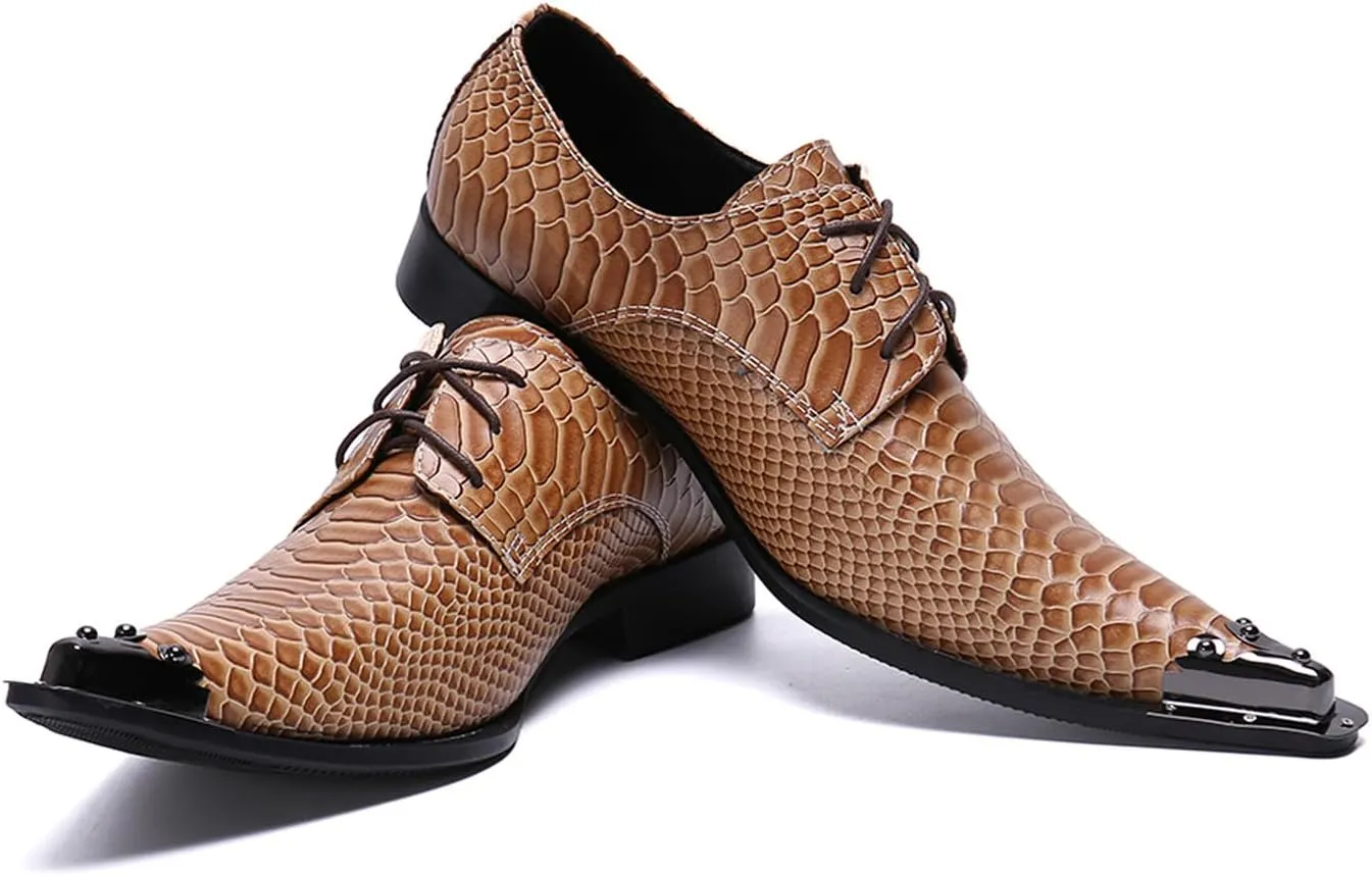 Santimon Mens Western Pointed Toe Leather Lace Up Dress Shoes Fashion Metal Tip Oxford