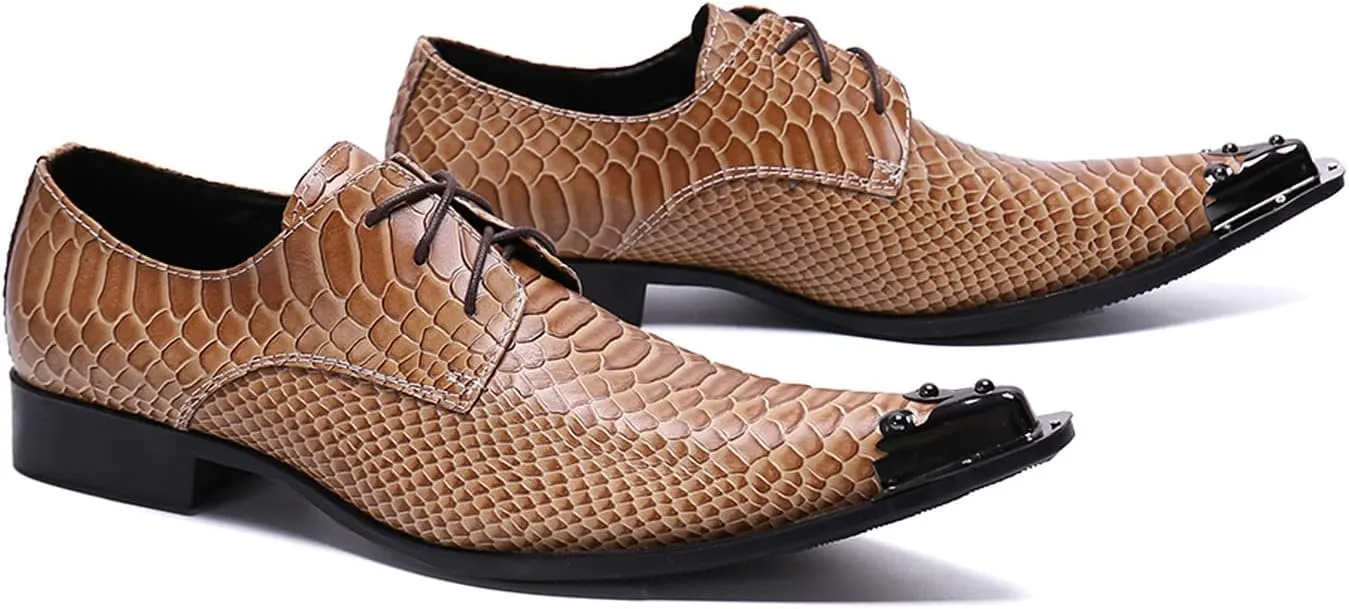 Santimon Mens Western Pointed Toe Leather Lace Up Dress Shoes Fashion Metal Tip Oxford