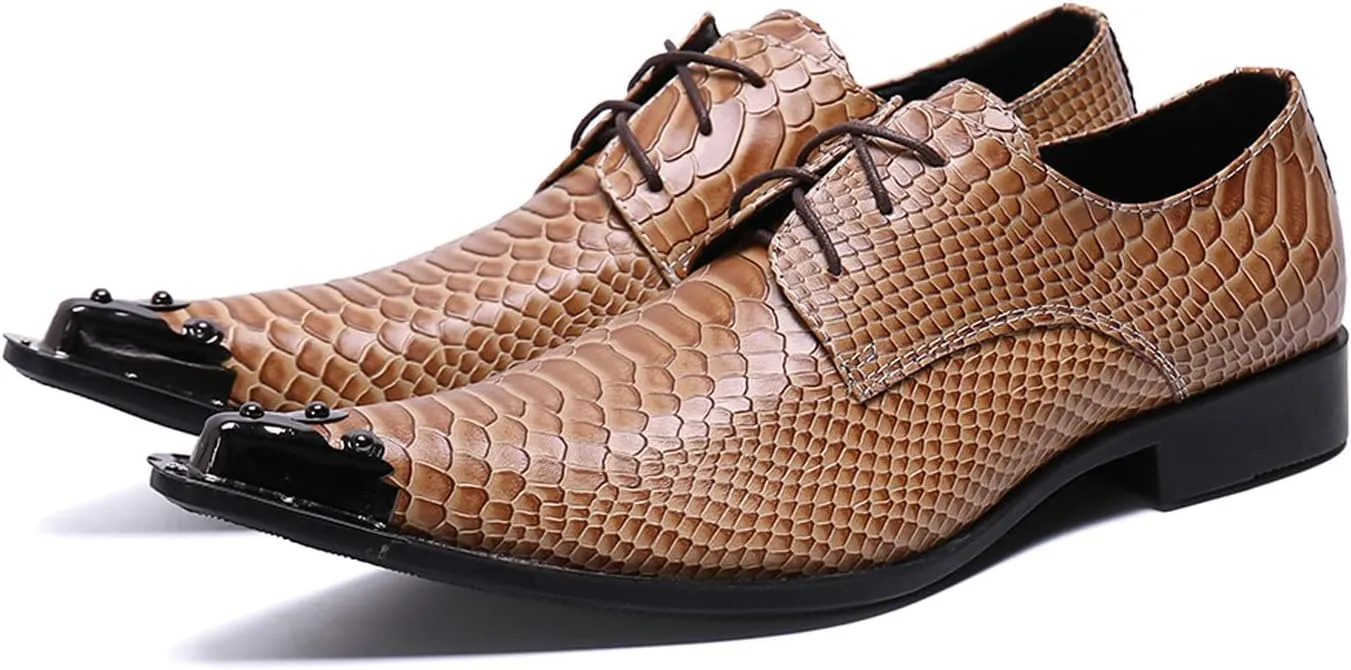 Santimon Mens Western Pointed Toe Leather Lace Up Dress Shoes Fashion Metal Tip Oxford