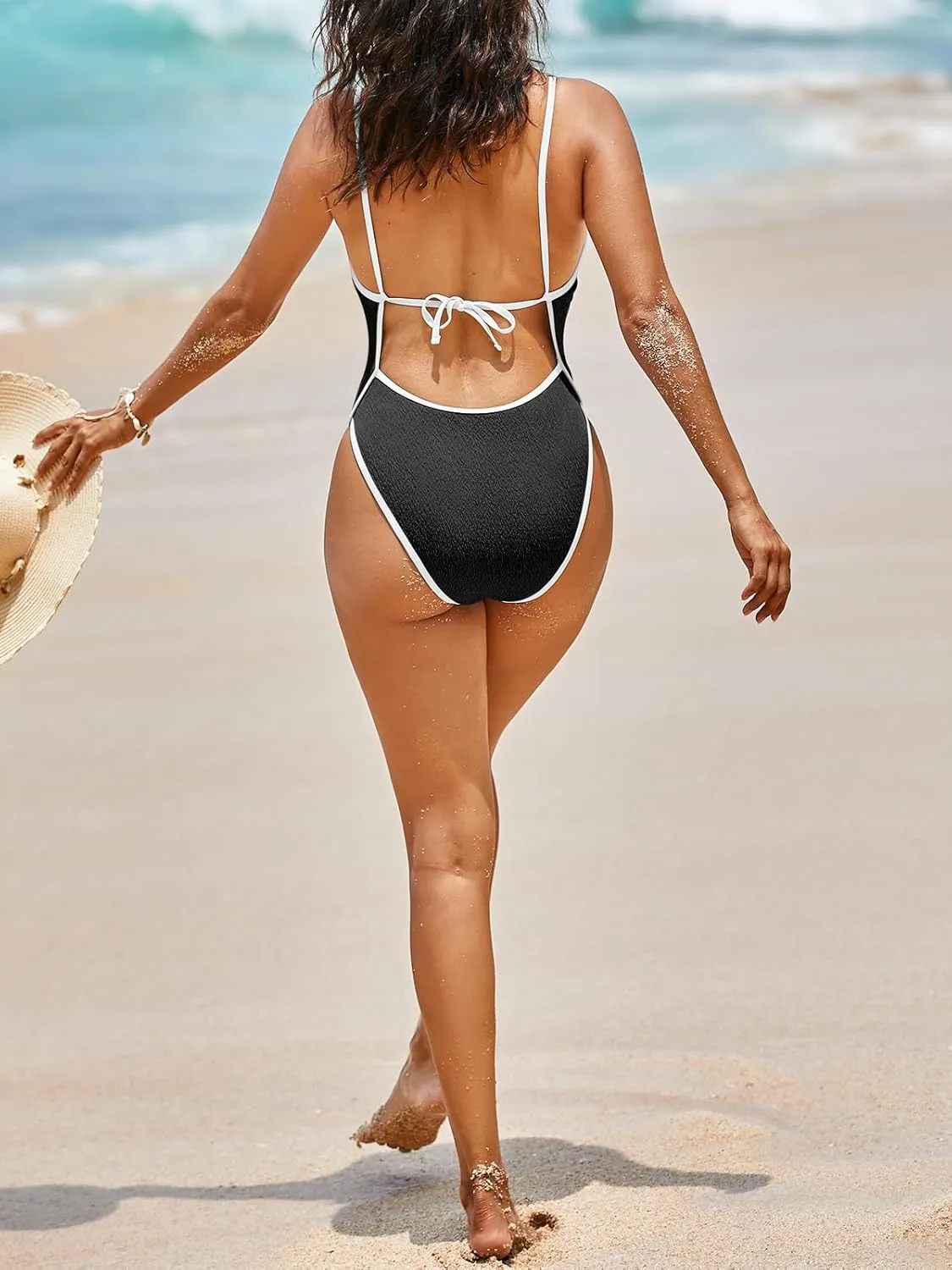 Saodimallsu Womens One Piece Swimsuits High Cut Color Block V Neck Sexy Backless Drawstring Tummy Control Bathing Suits