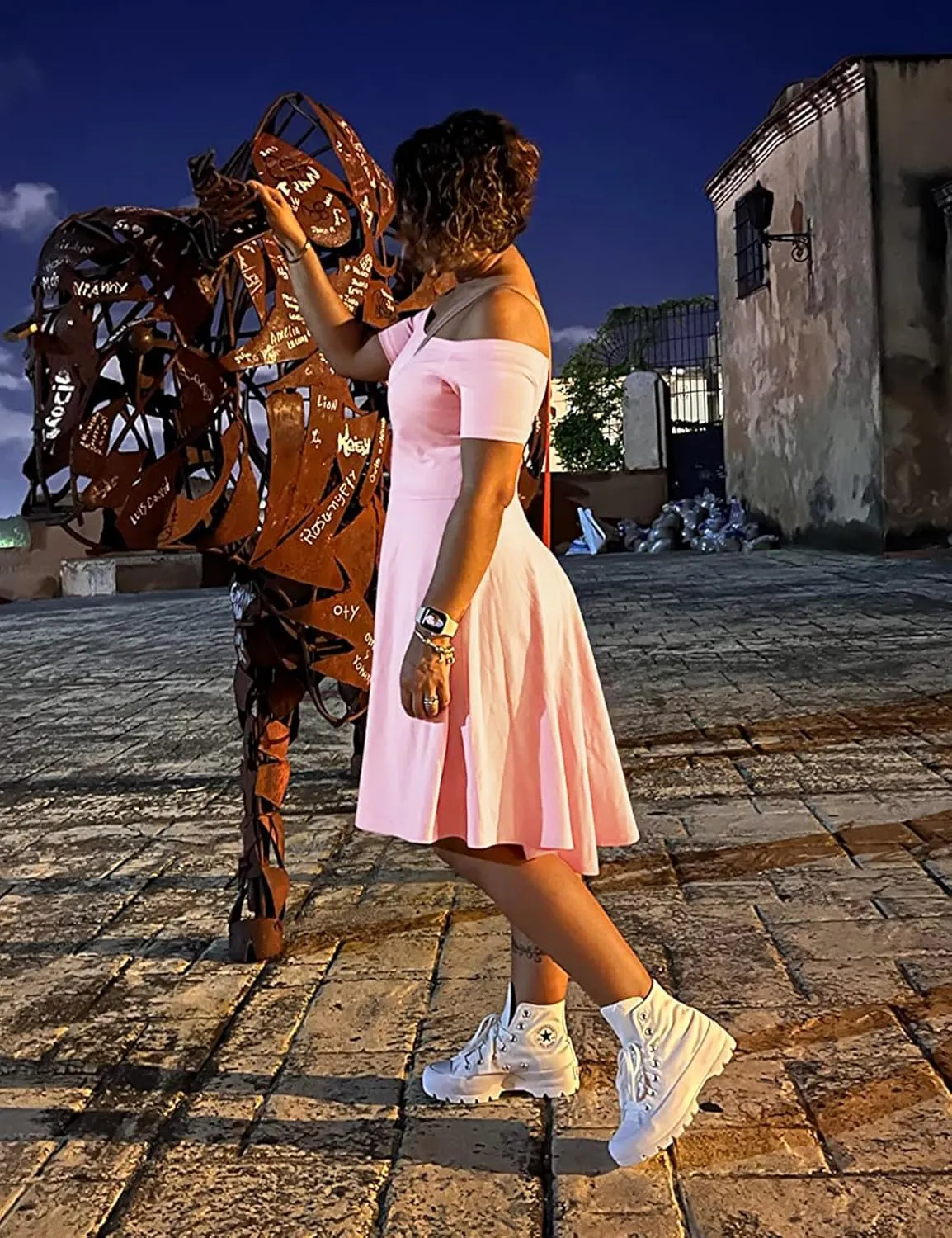 Sarin Mathews Womens Off The Shoulder Short Sleeve High Low Cocktail Skater Dress
