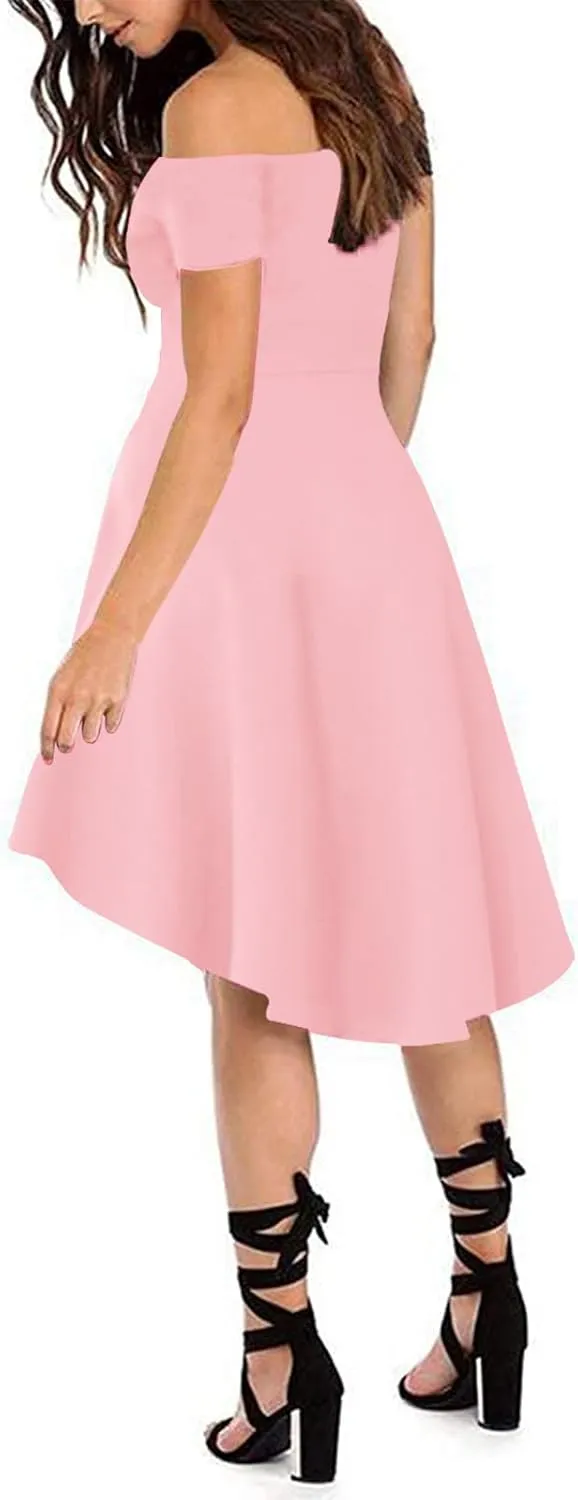 Sarin Mathews Womens Off The Shoulder Short Sleeve High Low Cocktail Skater Dress