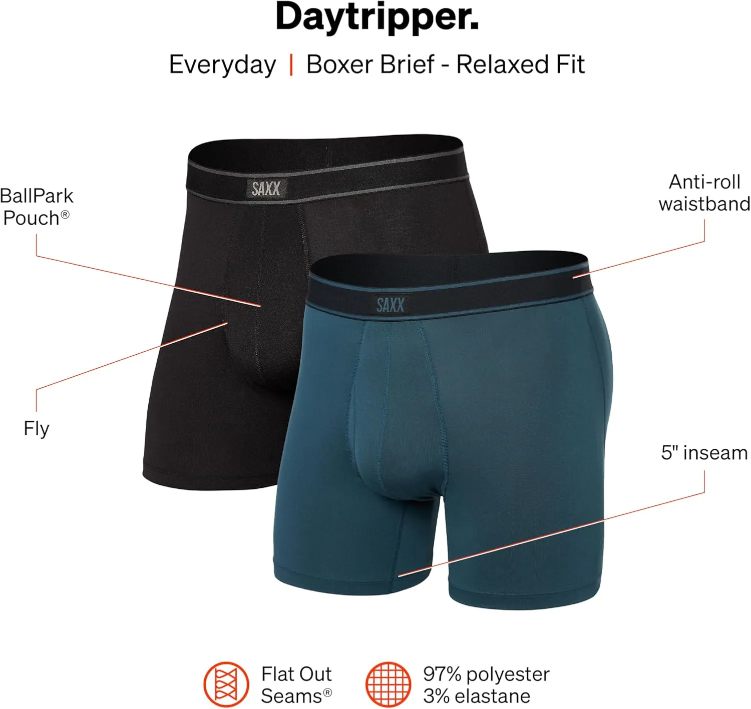 SAXX Underwear Co. Men's Daytripper Comfort Stretch Boxer Brief Fly 2pk