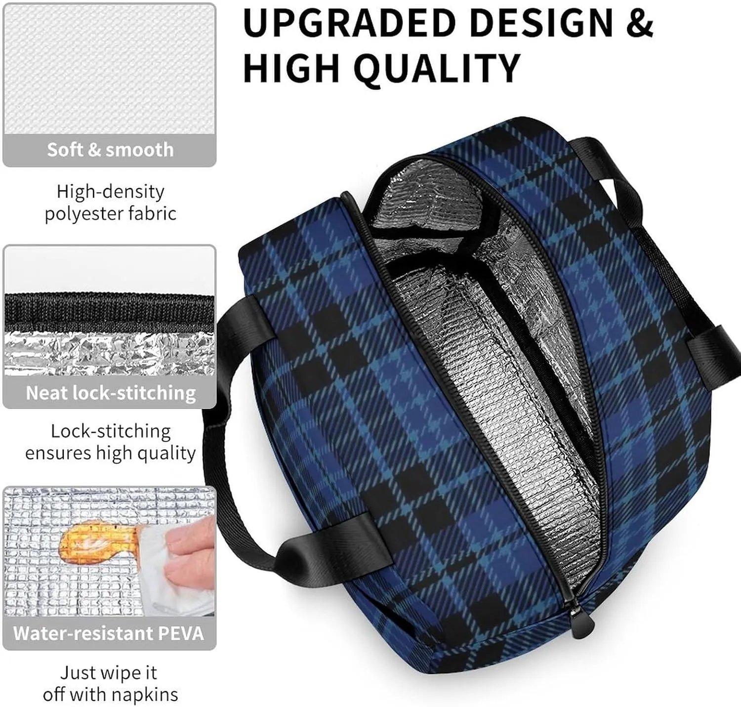 Scottish Clergy Blue Black White Tartan Lunch Bag Cute Small Lunch Totebag Reusable Leakproof Lunch Bag Men And Woman Work Picnic