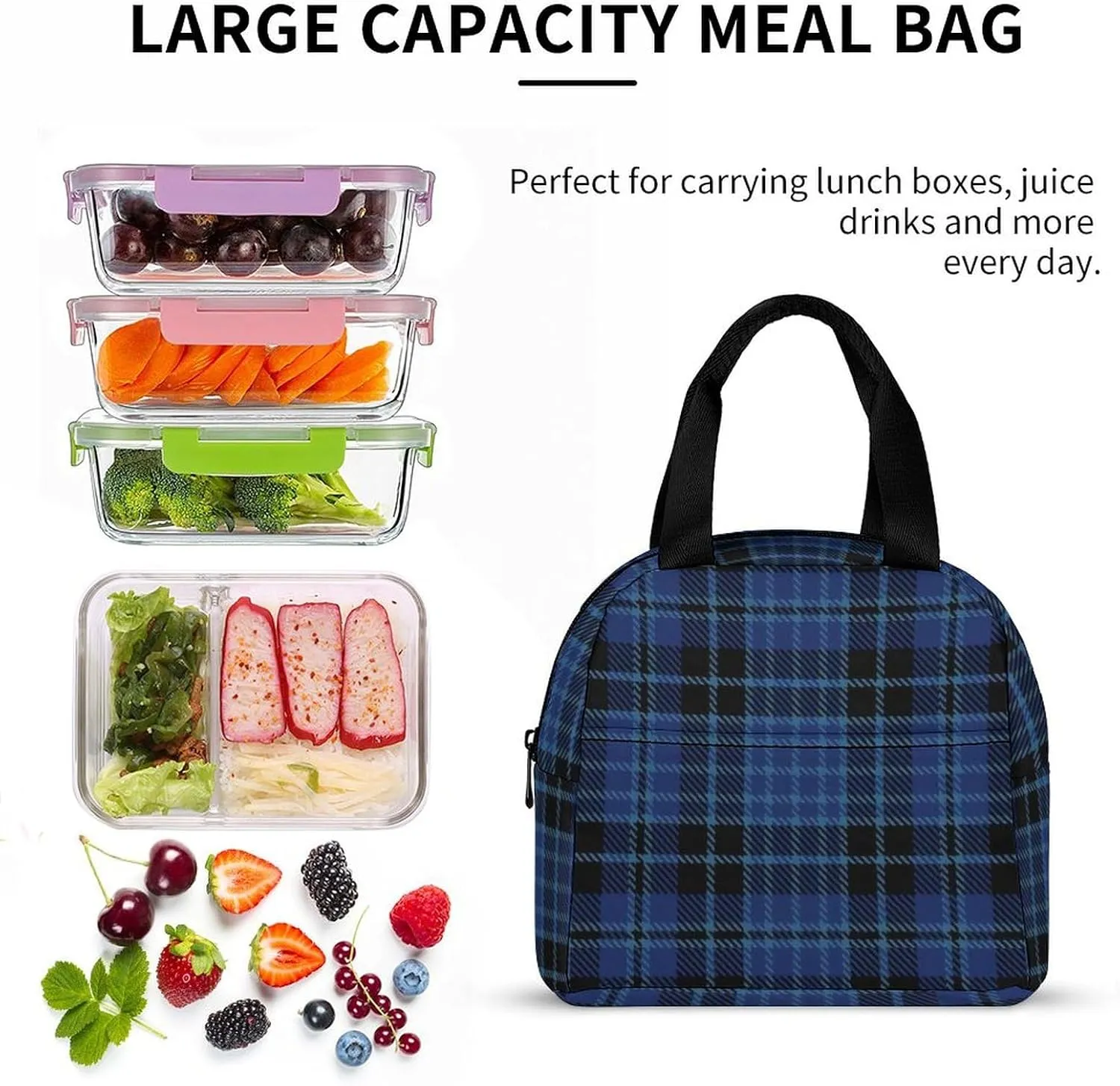 Scottish Clergy Blue Black White Tartan Lunch Bag Cute Small Lunch Totebag Reusable Leakproof Lunch Bag Men And Woman Work Picnic