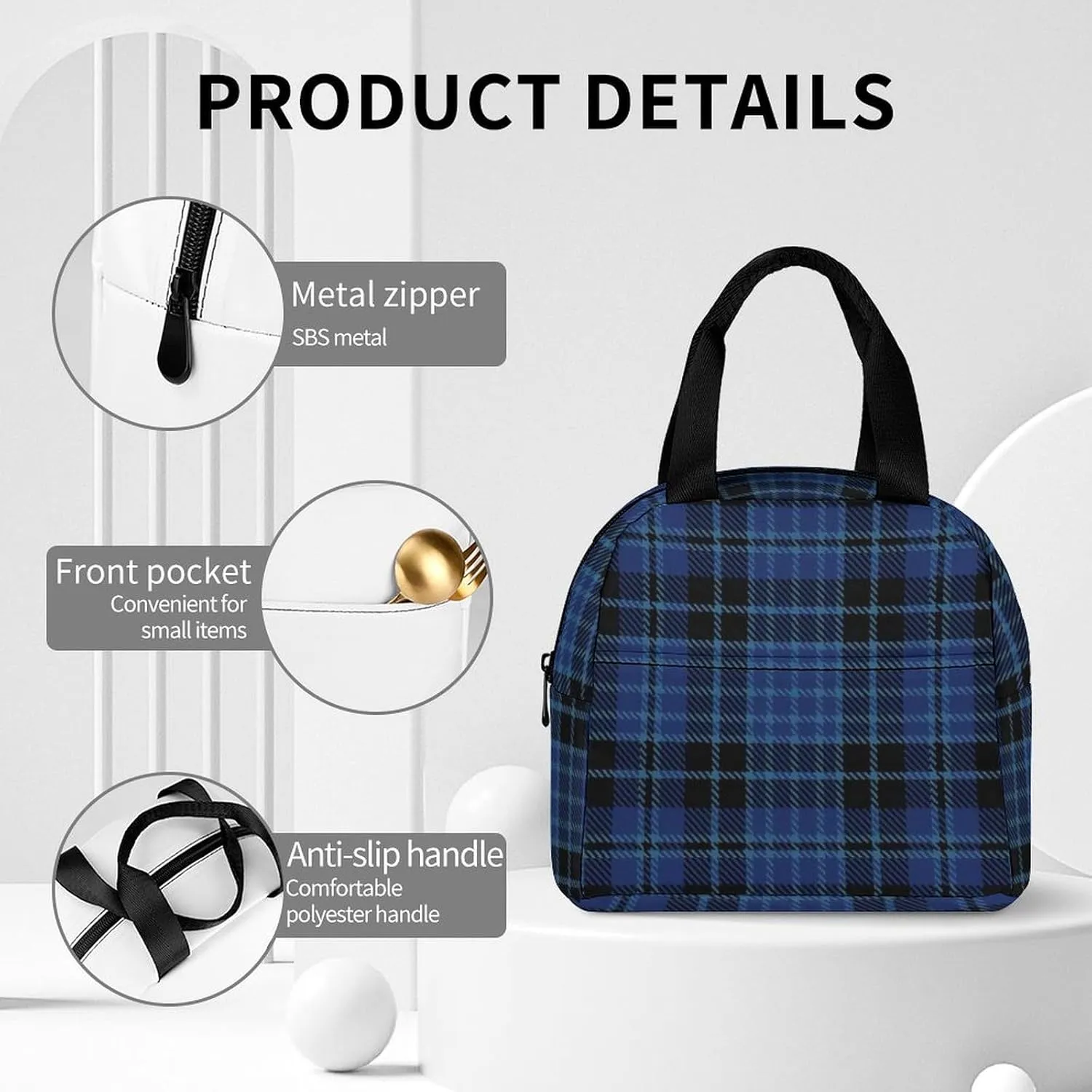 Scottish Clergy Blue Black White Tartan Lunch Bag Cute Small Lunch Totebag Reusable Leakproof Lunch Bag Men And Woman Work Picnic