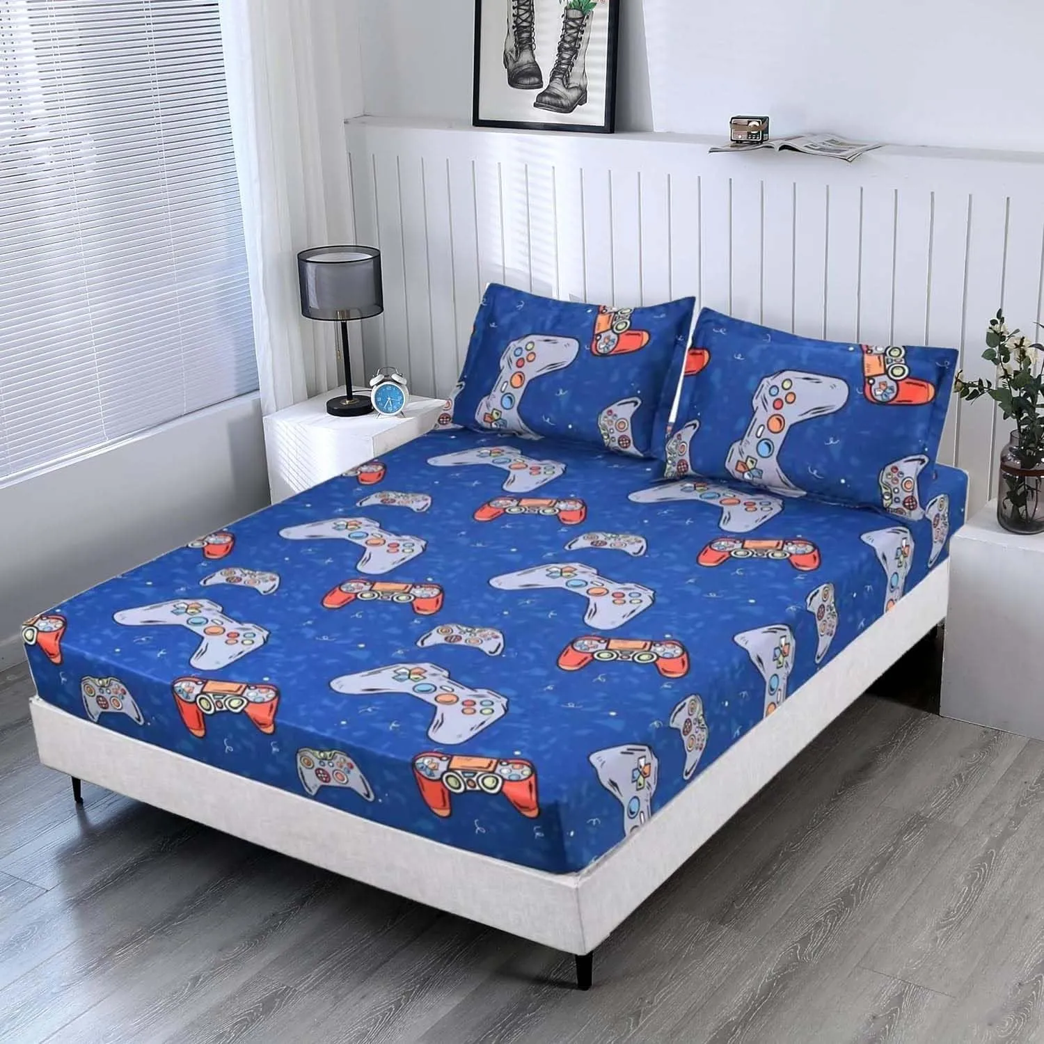 SDIII 3PCS Blue Gamer Queen Fitted Sheet Set, Bed in a Bag Gaming Fitted Sheet Queen, Soft Microfiber, Queen Sheet Set Deep Pocket for Kids Boys and Girls, 1 Fitted Sheet and 2 Pillowcases