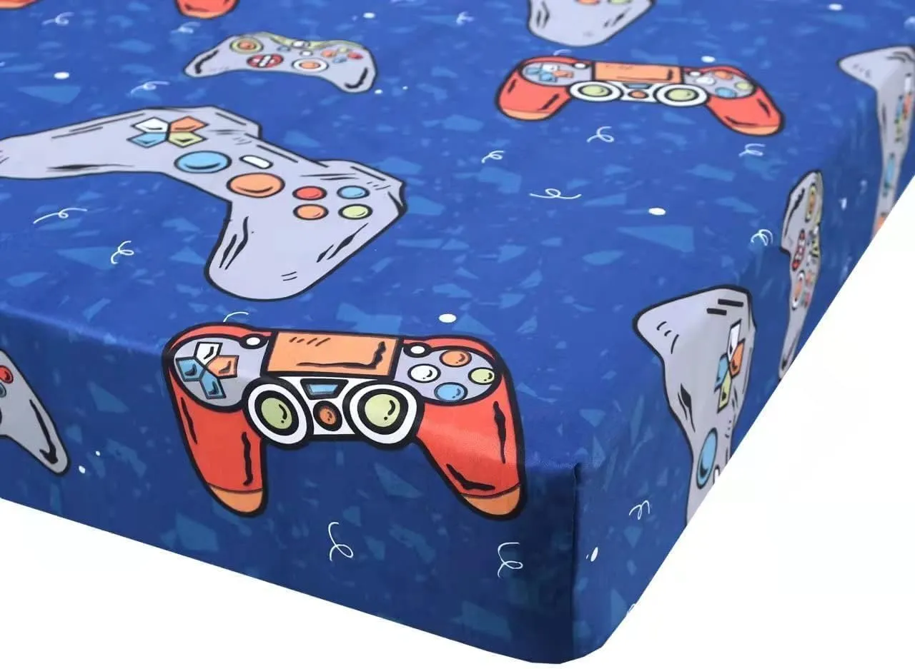 SDIII 3PCS Blue Gamer Queen Fitted Sheet Set, Bed in a Bag Gaming Fitted Sheet Queen, Soft Microfiber, Queen Sheet Set Deep Pocket for Kids Boys and Girls, 1 Fitted Sheet and 2 Pillowcases