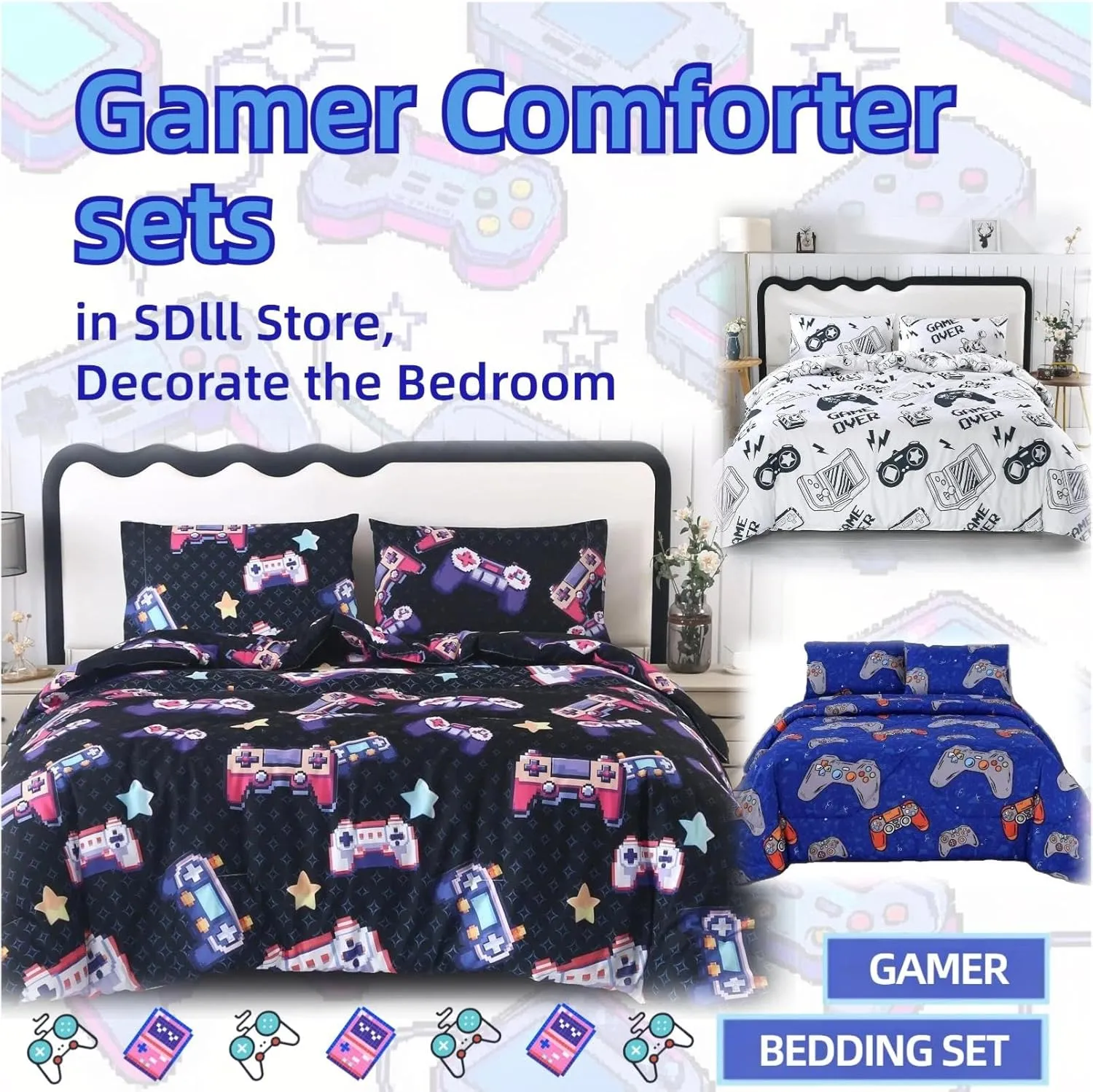 SDIII 3PCS Blue Gamer Queen Fitted Sheet Set, Bed in a Bag Gaming Fitted Sheet Queen, Soft Microfiber, Queen Sheet Set Deep Pocket for Kids Boys and Girls, 1 Fitted Sheet and 2 Pillowcases