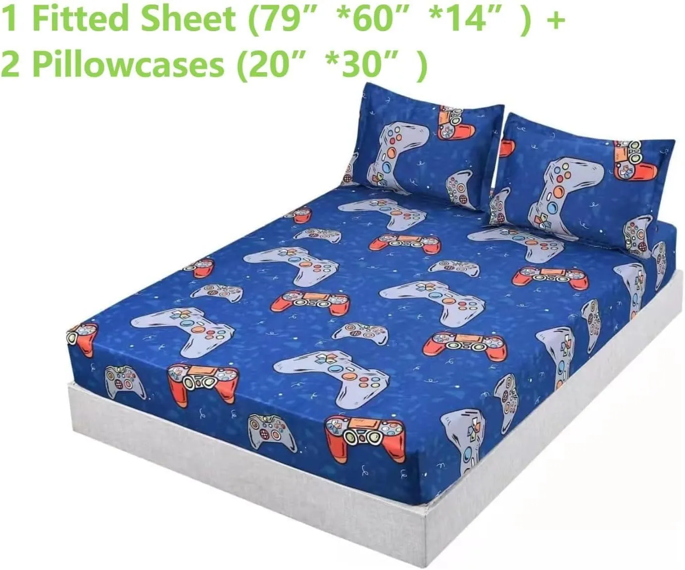 SDIII 3PCS Blue Gamer Queen Fitted Sheet Set, Bed in a Bag Gaming Fitted Sheet Queen, Soft Microfiber, Queen Sheet Set Deep Pocket for Kids Boys and Girls, 1 Fitted Sheet and 2 Pillowcases