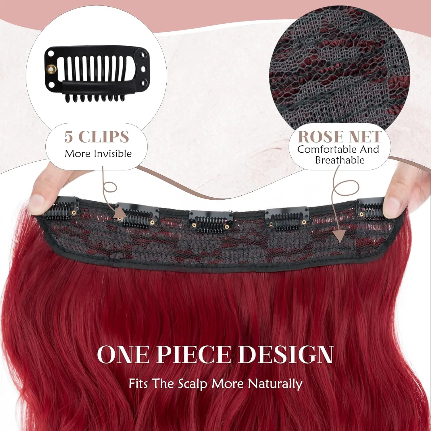 SEGO One Pieces 5 Clips in Hair Extensions Wavy Natural Soft Synthetic Hairpieces for Women Hair Clip Extensions for Women,24inch Burgundy,180g