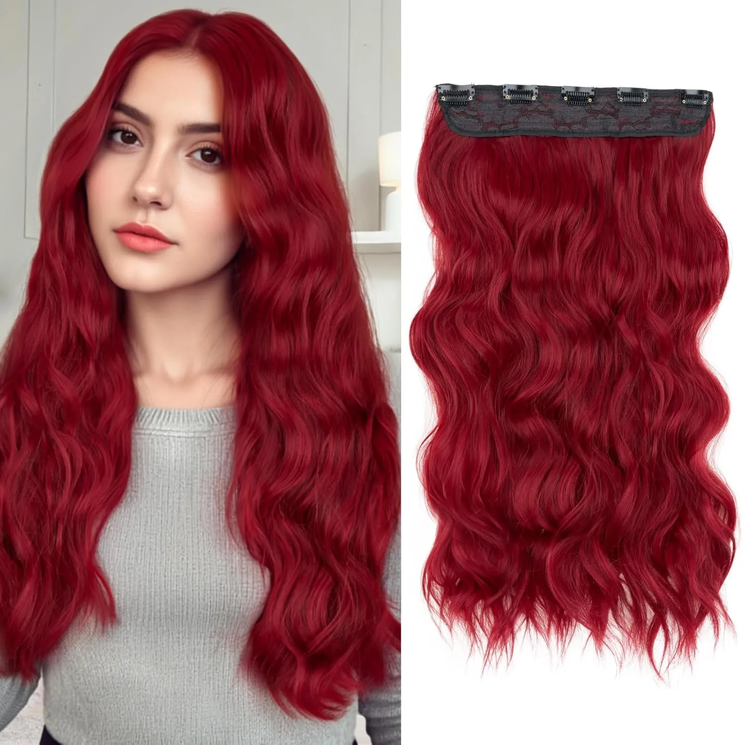 SEGO One Pieces 5 Clips in Hair Extensions Wavy Natural Soft Synthetic Hairpieces for Women Hair Clip Extensions for Women,24inch Burgundy,180g