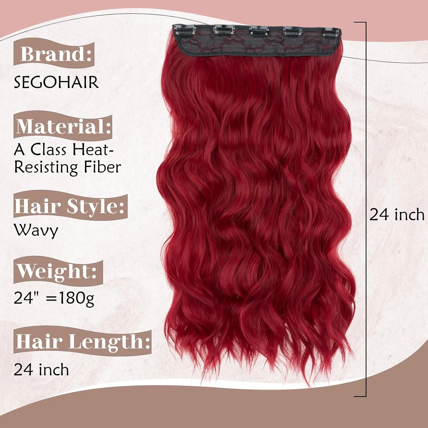 SEGO One Pieces 5 Clips in Hair Extensions Wavy Natural Soft Synthetic Hairpieces for Women Hair Clip Extensions for Women,24inch Burgundy,180g