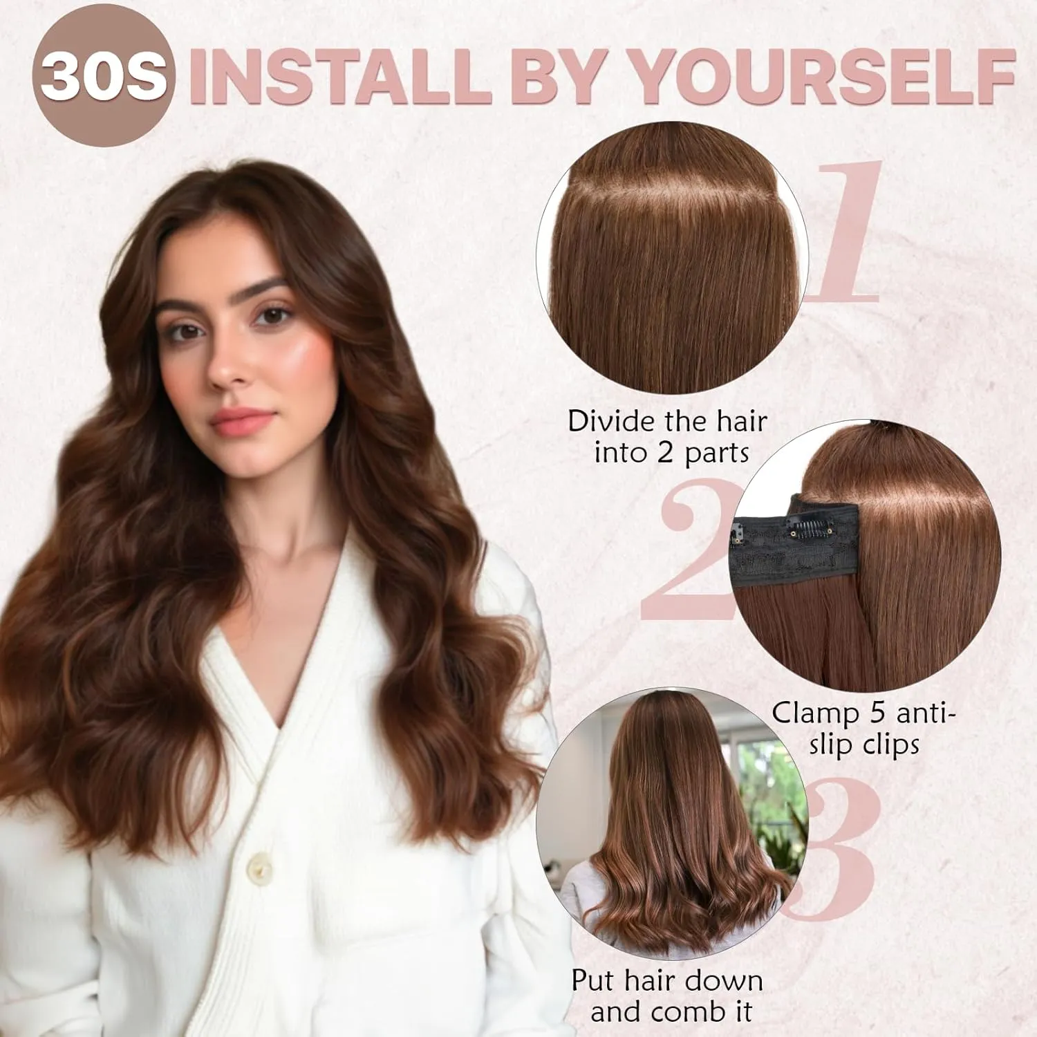 SEGO One Pieces 5 Clips in Hair Extensions Wavy Natural Soft Synthetic Hairpieces for Women Hair Clip Extensions for Women,24inch Burgundy,180g
