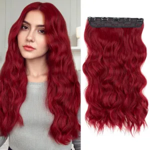 SEGO One Pieces 5 Clips in Hair Extensions Wavy Natural Soft Synthetic Hairpieces for Women Hair Clip Extensions for Women,24inch Burgundy,180g