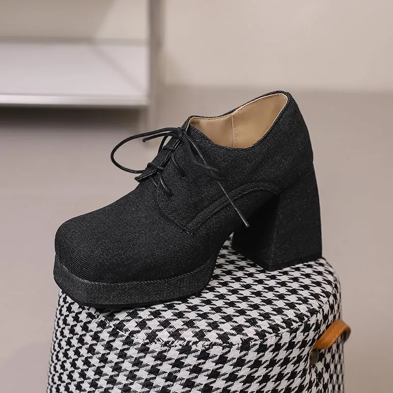SEIFIN Women's Block High Heel Platform Pumps Square Toe Lace Up Ankle Booties Chunky Wingtip Oxford Dress Shoes