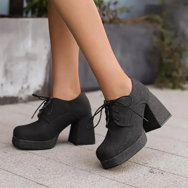 SEIFIN Women's Block High Heel Platform Pumps Square Toe Lace Up Ankle Booties Chunky Wingtip Oxford Dress Shoes