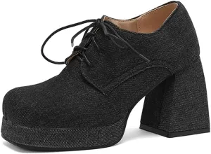 SEIFIN Women's Block High Heel Platform Pumps Square Toe Lace Up Ankle Booties Chunky Wingtip Oxford Dress Shoes