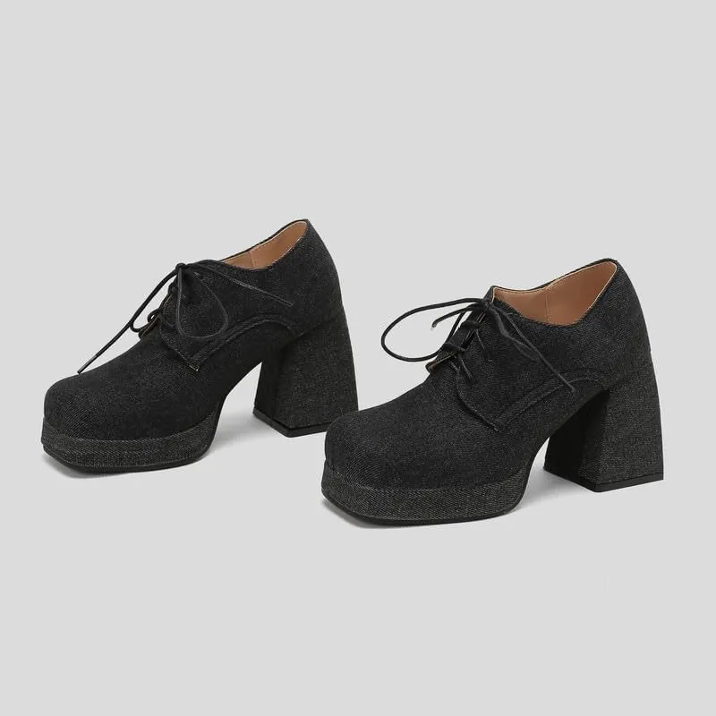 SEIFIN Women's Block High Heel Platform Pumps Square Toe Lace Up Ankle Booties Chunky Wingtip Oxford Dress Shoes