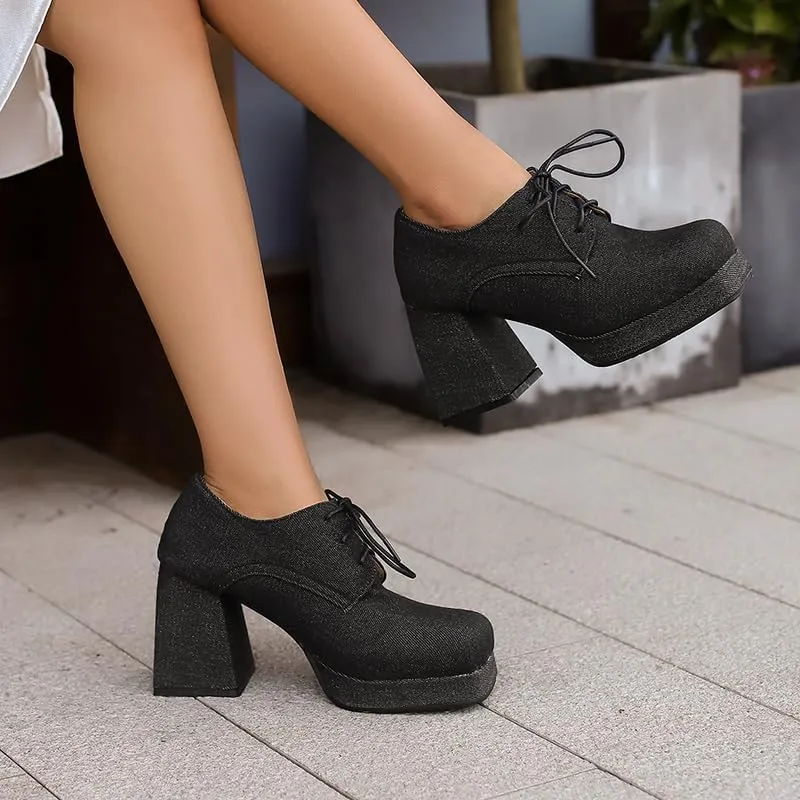 SEIFIN Women's Block High Heel Platform Pumps Square Toe Lace Up Ankle Booties Chunky Wingtip Oxford Dress Shoes