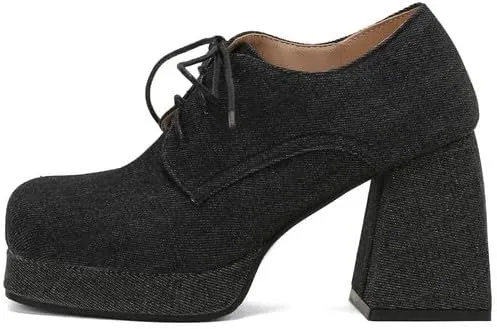 SEIFIN Women's Block High Heel Platform Pumps Square Toe Lace Up Ankle Booties Chunky Wingtip Oxford Dress Shoes
