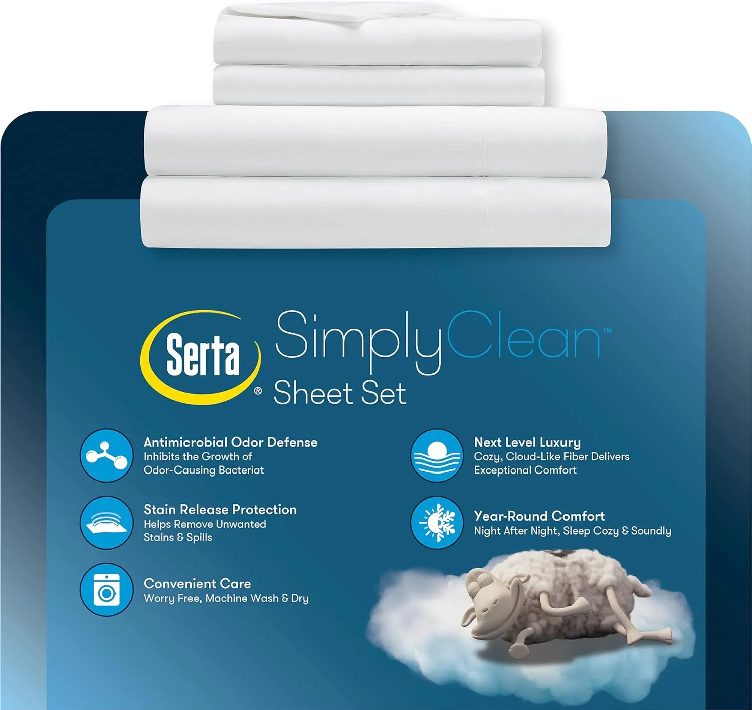 Serta Simply Clean Super Soft Hypoallergenic Stain Resistant Deep Pocket 4 Pieces Solid Bed Sheet Set, King, White