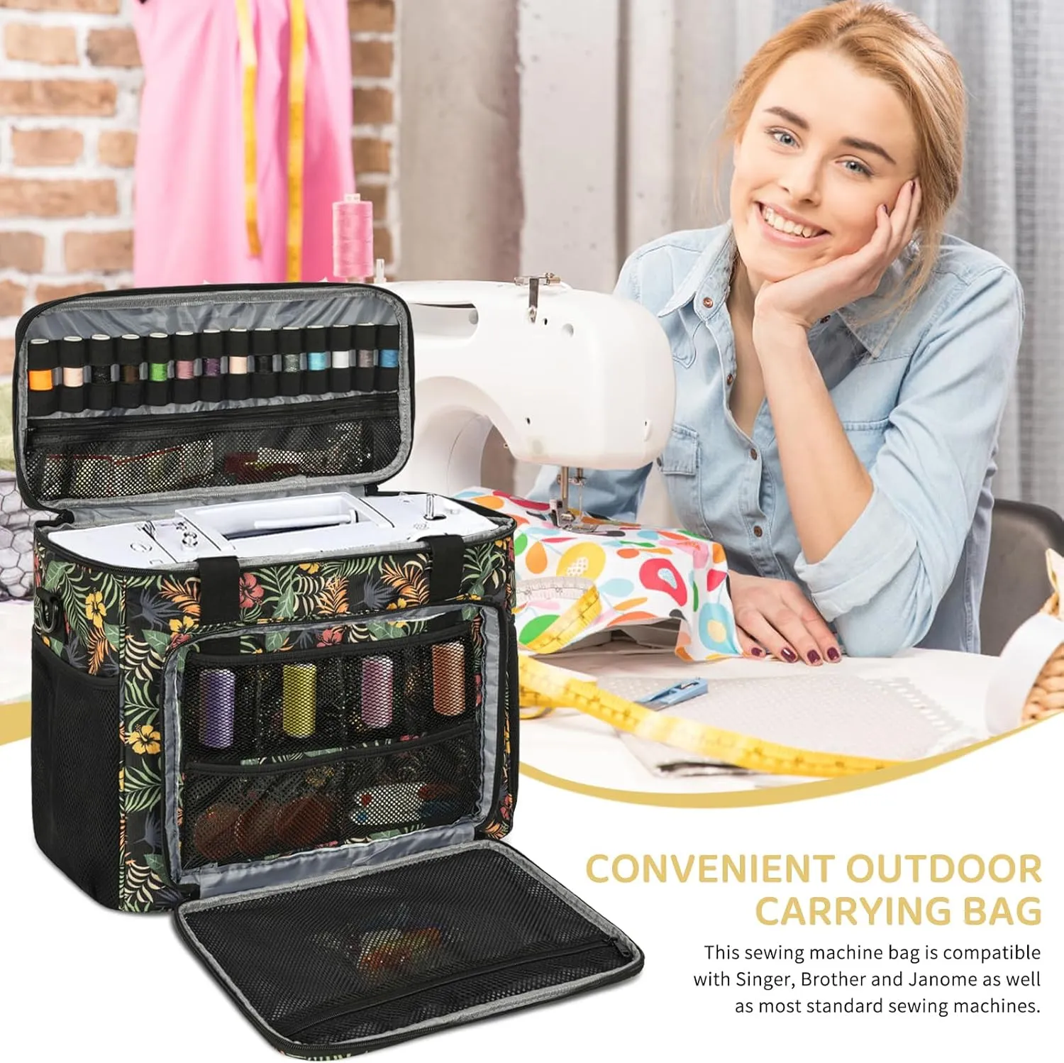 Sewing Machine Carrying Case with Multiple Storage Pockets for Accessories, Universal Tote Storage Bag
