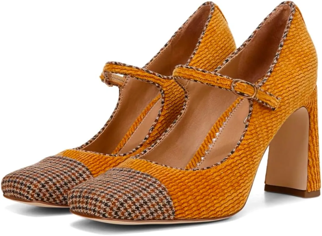 SHODENSE Women Chunky High Heel Mary Jane Pumps Shoes Square Closed Toe Ankle Strap Dress Sandals Two-Toned 3 Inch Block Heels Mary Janes Buckle Cap Toe Office Work Shoes Wedding Party Retro 4-11 M US