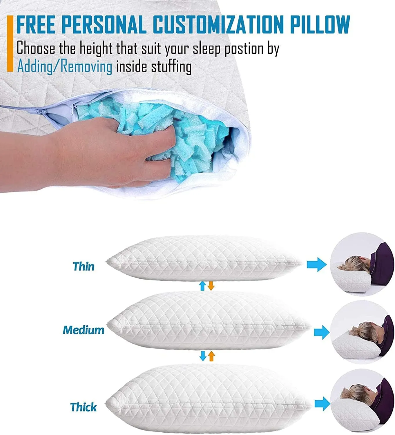 Shredded Memory Foam Pillows for Sleeping,Bed Pillows Queen Size Set of 2 Pack Cooling Adjustable,Good for Side and Back Sleeper with Washable Removable Cover