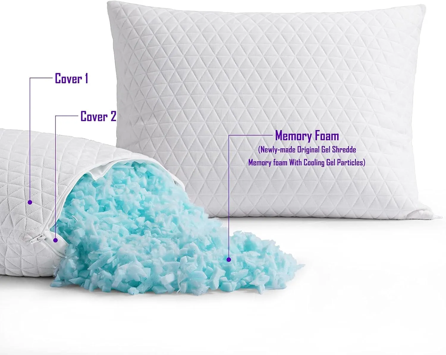 Shredded Memory Foam Pillows for Sleeping,Bed Pillows Queen Size Set of 2 Pack Cooling Adjustable,Good for Side and Back Sleeper with Washable Removable Cover