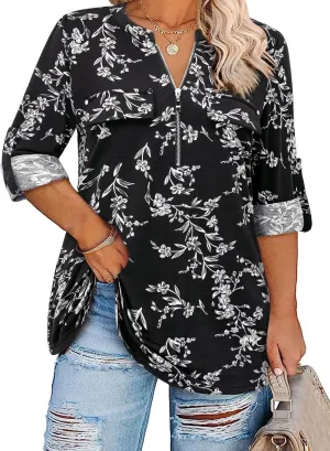 Siddhe Women 3/4 Sleeve Plus Size Tunics Zip Front V-Neck Tops Casual Loose Fit T Shirt Blouse