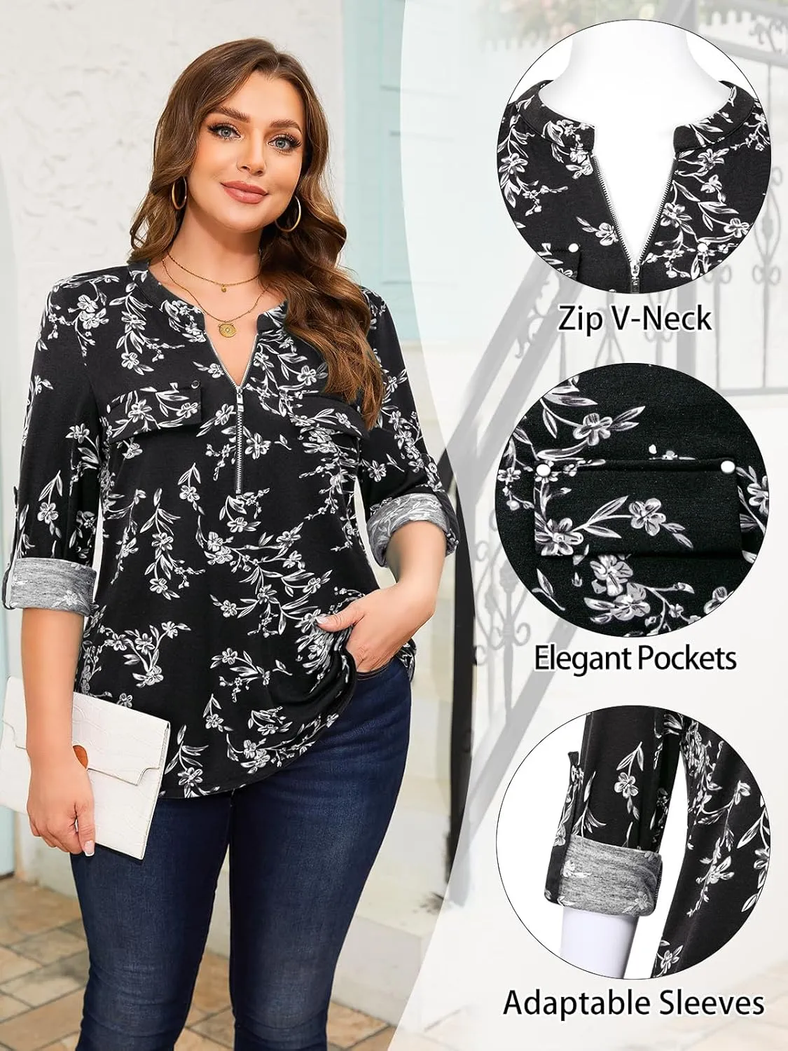 Siddhe Women 3/4 Sleeve Plus Size Tunics Zip Front V-Neck Tops Casual Loose Fit T Shirt Blouse