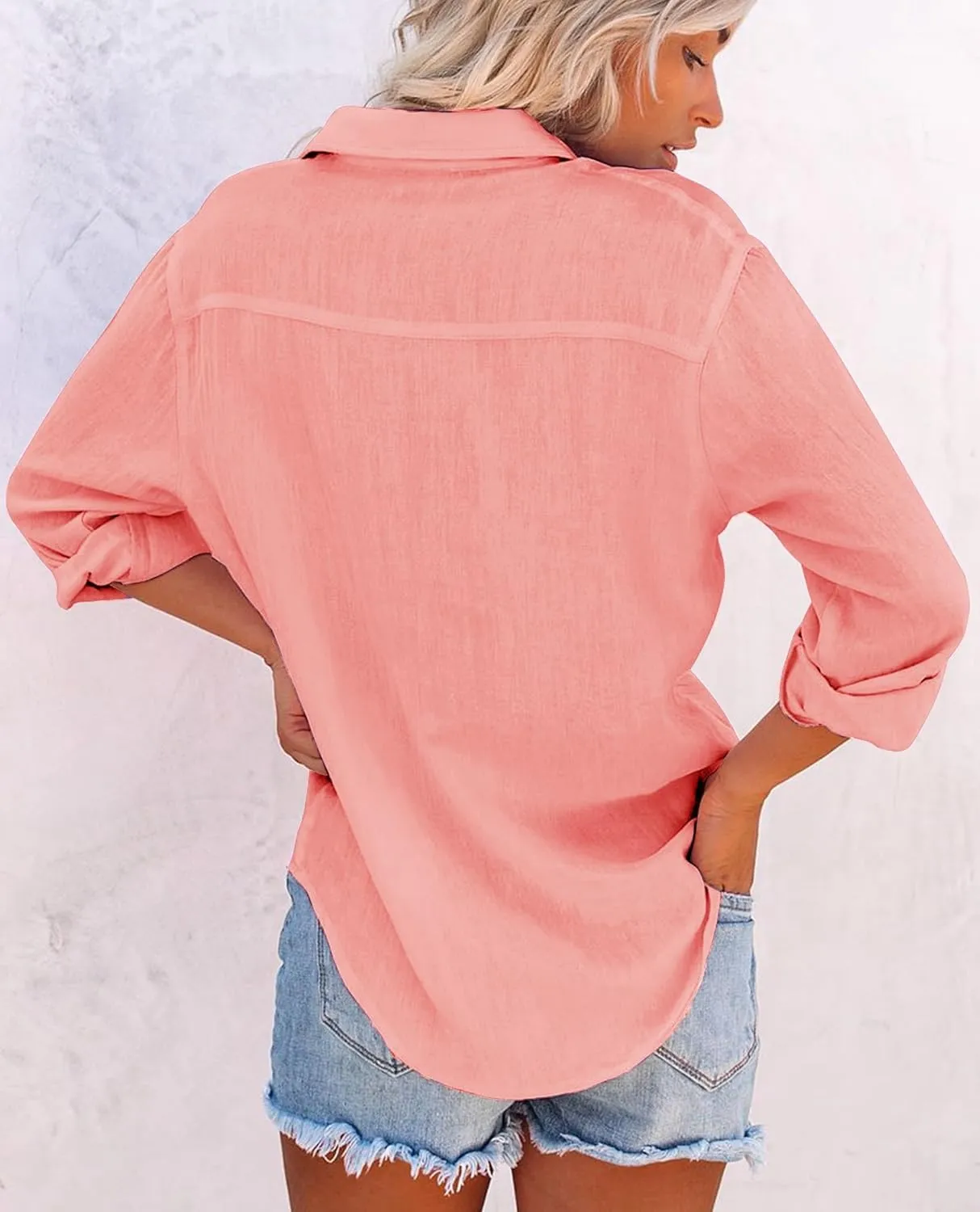 siliteelon Womens Button Down Shirts Cotton Dress Shirts Long Sleeve Blouses V Neck Solid Casual Tunics Tops with Pockets