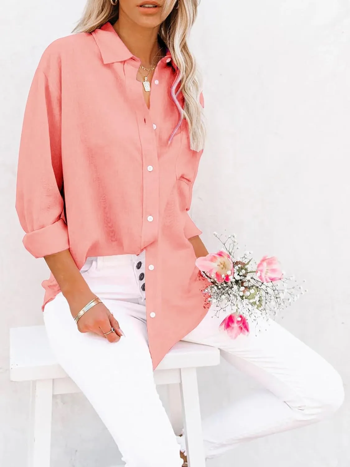 siliteelon Womens Button Down Shirts Cotton Dress Shirts Long Sleeve Blouses V Neck Solid Casual Tunics Tops with Pockets