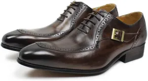 Single Season Oxford Shoes for Men Lace Up Split Toe Monk Strap Pointed Toe Cowhide Block Heel Resistant Non Slip Low Top Classic Very Popular Among Young People