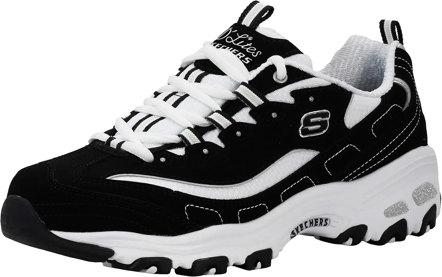 Skechers Women's D'Lites Original Lace-Up Sneaker, Black/White, 7.5 M US
