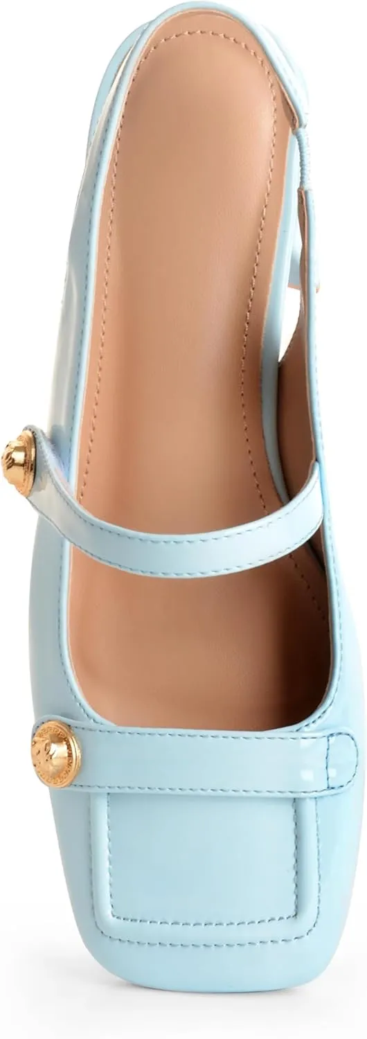 Slingback Mary Jane Heels for Women Low Block Heel Closed Square Toe Pump Shoes Heels Classic Daily Office Dressy Shoes