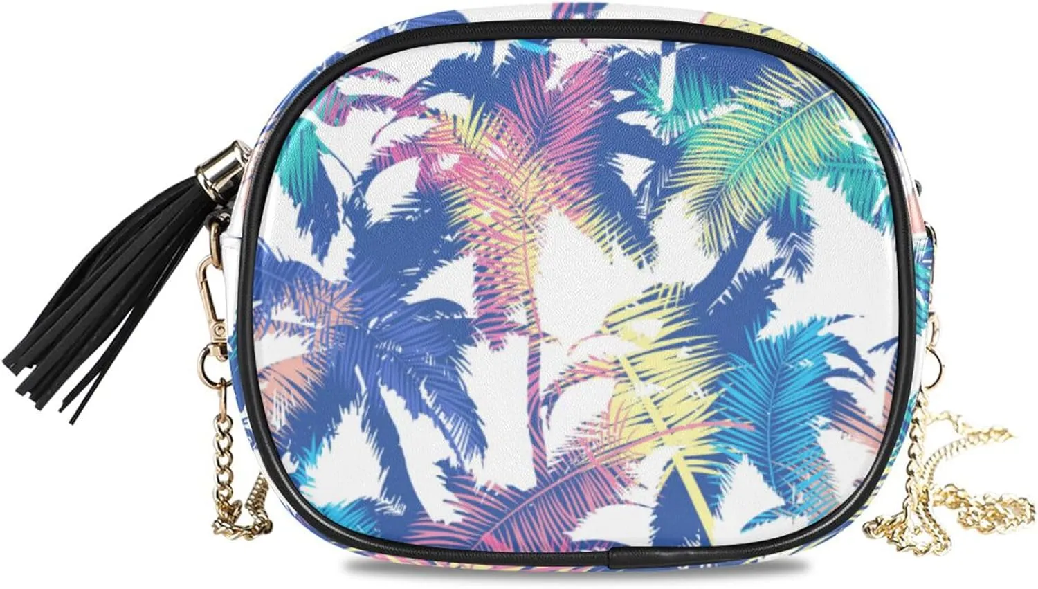 Small Crossbody Bag Colorful Exotic Palm Tree Womens Shoulder Chain Bag PU Leather Small Purse With Tassel