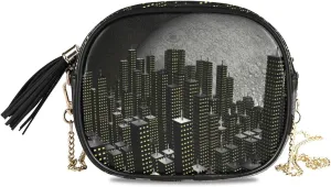 Small Crossbody Bag Night Skyscrapers and Moon Womens Shoulder Chain Bag PU Leather Small Purse With Tassel
