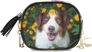 Small Crossbody Bag Shepherd Dog Yellow Flowers Womens Shoulder Chain Bag PU Leather Small Purse With Tassel