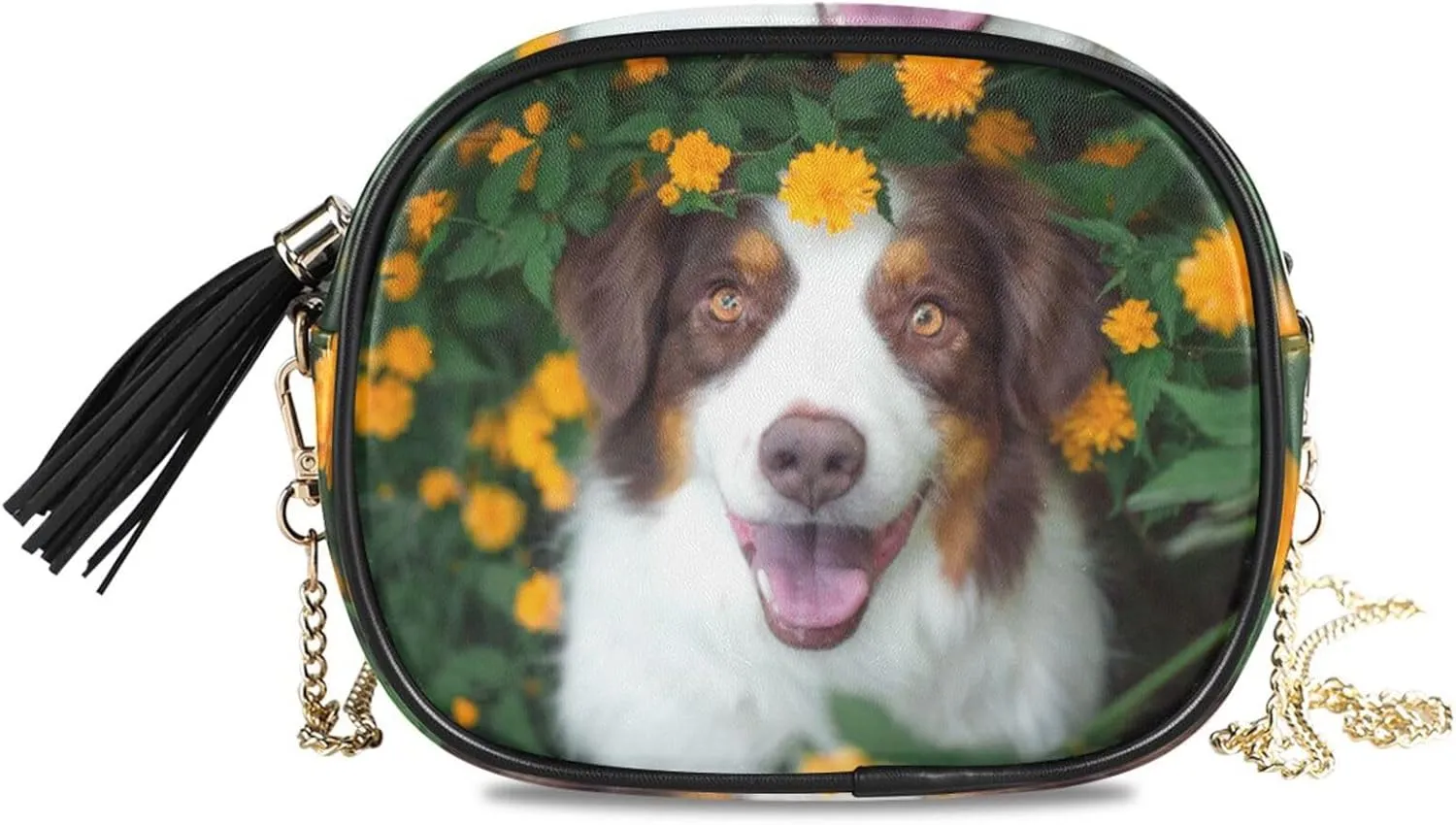 Small Crossbody Bag Shepherd Dog Yellow Flowers Womens Shoulder Chain Bag PU Leather Small Purse With Tassel